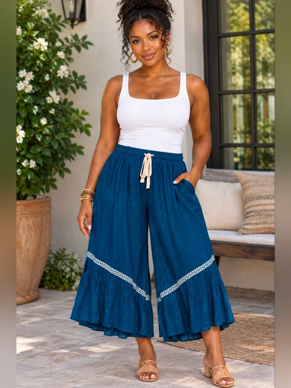 NEW!! Umgee Boho Flowy Wide-Leg Tiered Crop Pants, NWT